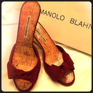 Manolo Blahnik Red Suede and Cork Wedge Slide